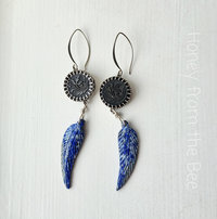 Antique button earrings with lapis lazuli feather dangles