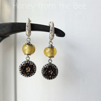 Gold Dichroic bead earrings with antique black glass button