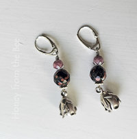 Pink and black earrings with silver rosebuds