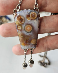 Dramatic ocean jasper cabochon necklace set in sterling silver and fine silver with sunstone dangles 