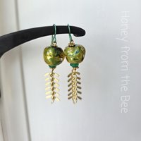 Lampwork earrings in green and gold
