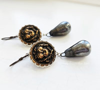 Copper Antique pansy buttons with greyish ceramic drop artisan earrings