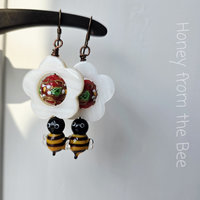 Honeybee earrings with vintage red lampwork bead