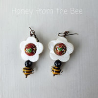 Flower earrings with honeybee lampwork