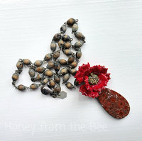 Red poppy necklace with vintage wood rosary chain