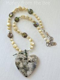 Heart necklace features ocean jasper in green and cream