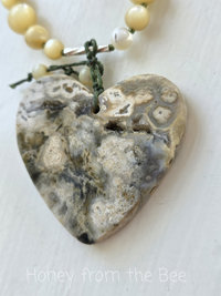 Mother of pearl and green coin pearl necklace with ocean jasper pendant
