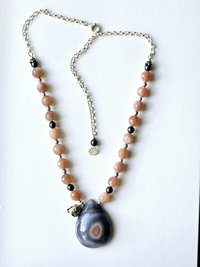 Rosebud necklace with Botswana Agate and peach moonstone