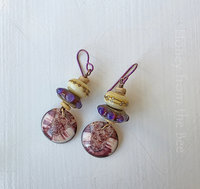 Lampwork earrings in red and cream with oyster shell dangle