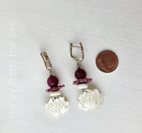 Rose earrings in mother of pearl and berry red lampwork