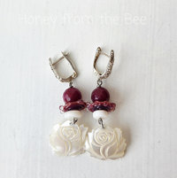 White rose earrings with Ruby quartz