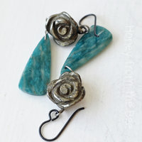 Aqua gemstone earrings with silver rose
