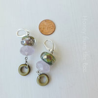 Green and purple earrings feature amethyst and lampwork