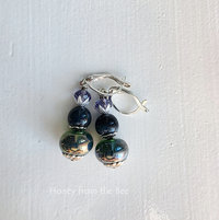 Lampwork earrings in teal with lavender crystals