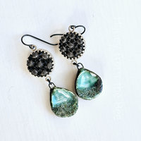 Antique black glass button earrings with aqua ceramic drops