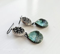 One of a kind button earrings with ceramic drops in aqua