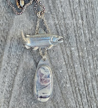 Silver and lavender pendant features 3d trout charm and Porcelain Jasper
