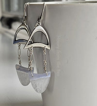 One of a kind artisan earrings features blue lace agate and sterling silver