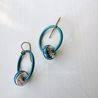Dichroic glass in teal and chartreuse are part of teal hoop earrings