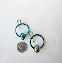 Dichroic glass earrings in teal and chartreuse
