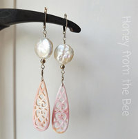 Carved shell earrings with white coin pearl