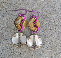 Antique brass button earrings with mother of pearl charms