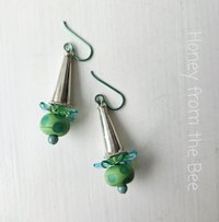 Sterling silver cone earrings with green and aqua lampwork