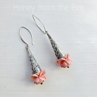 Pink flower earrings with detailed sterlings silver cones