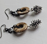 Dangling pinecone earrings with picture jasper donuts