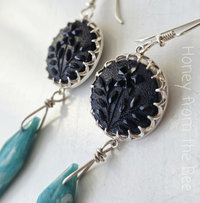 Antique black glass button earrings