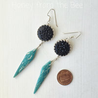 Floral earrings with antique button and amazonite