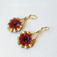 Red flower earrings with vintage brass