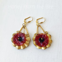 Red poppy earrings with brass