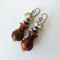 Brown and yellow earrings with sterling silver beads