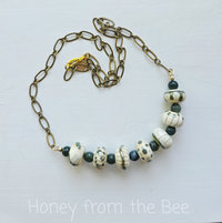 Moss Agate necklace with art glass in green and white