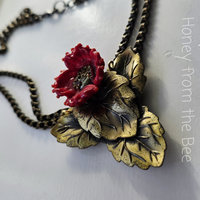 Red Poppy necklace with vintage brass leaves