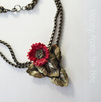 Red Flower necklace with upcycled brass buckle
