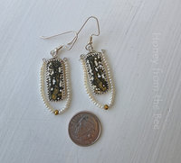 Boho style earrings in green and white feature ocean jasper and seed pearls
