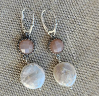 Soft pink peach moonstones are so sweet with the classic coin pearls in this pair of art earrings.