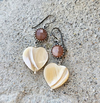 Peach Moonstone and mother of pearl heart earrings