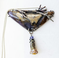 Triangular shaped Amethyst Sage Agate with a lampwork flower dangle in a golden glow pendant necklace