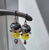 Bead earrings in purple and yellow feature lampwork and vintage lucite