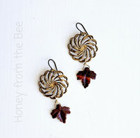 Red Fall leaf earrings with brass filigree