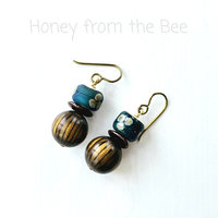 Casual boho style earrings in dark teal and brown