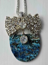 Blue gemstone pendant with vintage rhinestones on sterling silver chain