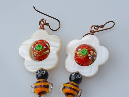 Mother of Pearl, Lampwork Garden earrings, copyright Honey from the Bee