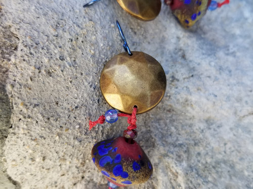 Rustic brass, red and blue earrings