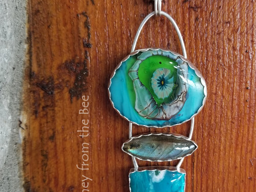 One of a kind art pendant features Inspiration Mine chrysocolla, labradorite, art glass, pearl, and sterling silver