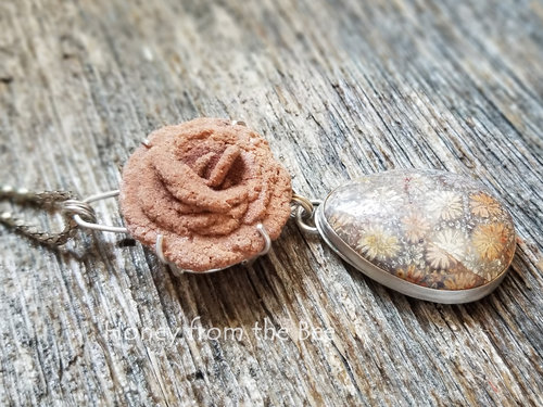 Barite rose and fossilized coral agate necklace