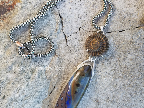 Ammonite and ceramic pendant in blue and bronze